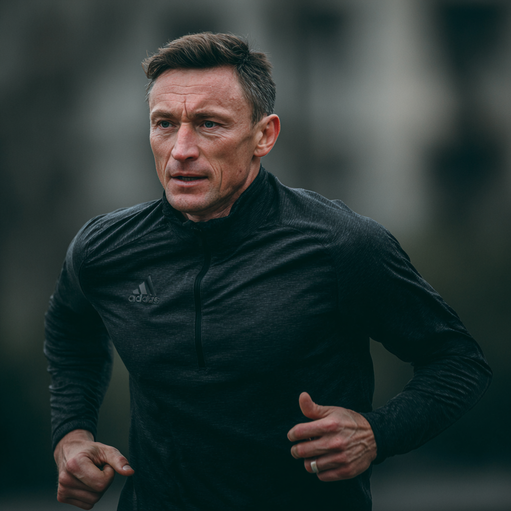 Ukrainian fitness trainer in their 40s demonstrating proper running form and technique, wearing professional athletic gear with a focused yet approachable expression during an outdoor training session